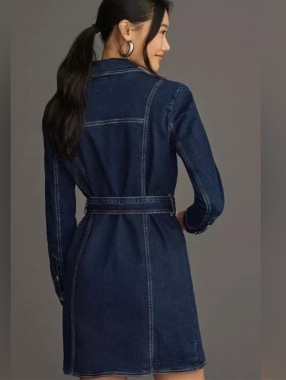 Pilcro Belted Denim Blazer Dress Anthropologie Anthro Blue Jean Womens Size L - Picture 2 of 15